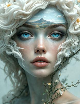 The primary subject of the image is a woman with blonde hair, who has a painting of a mountain range on her forehead. The setting is a flower-filled garden, with the woman surrounded by various flowers. The visual style is a combination of digital art and illustration, creating a unique and artistic representation of the woman. The colors and mood of the image are vibrant and lively, with the woman's blonde hair and the flowers adding a sense of warmth and beauty to the scene.